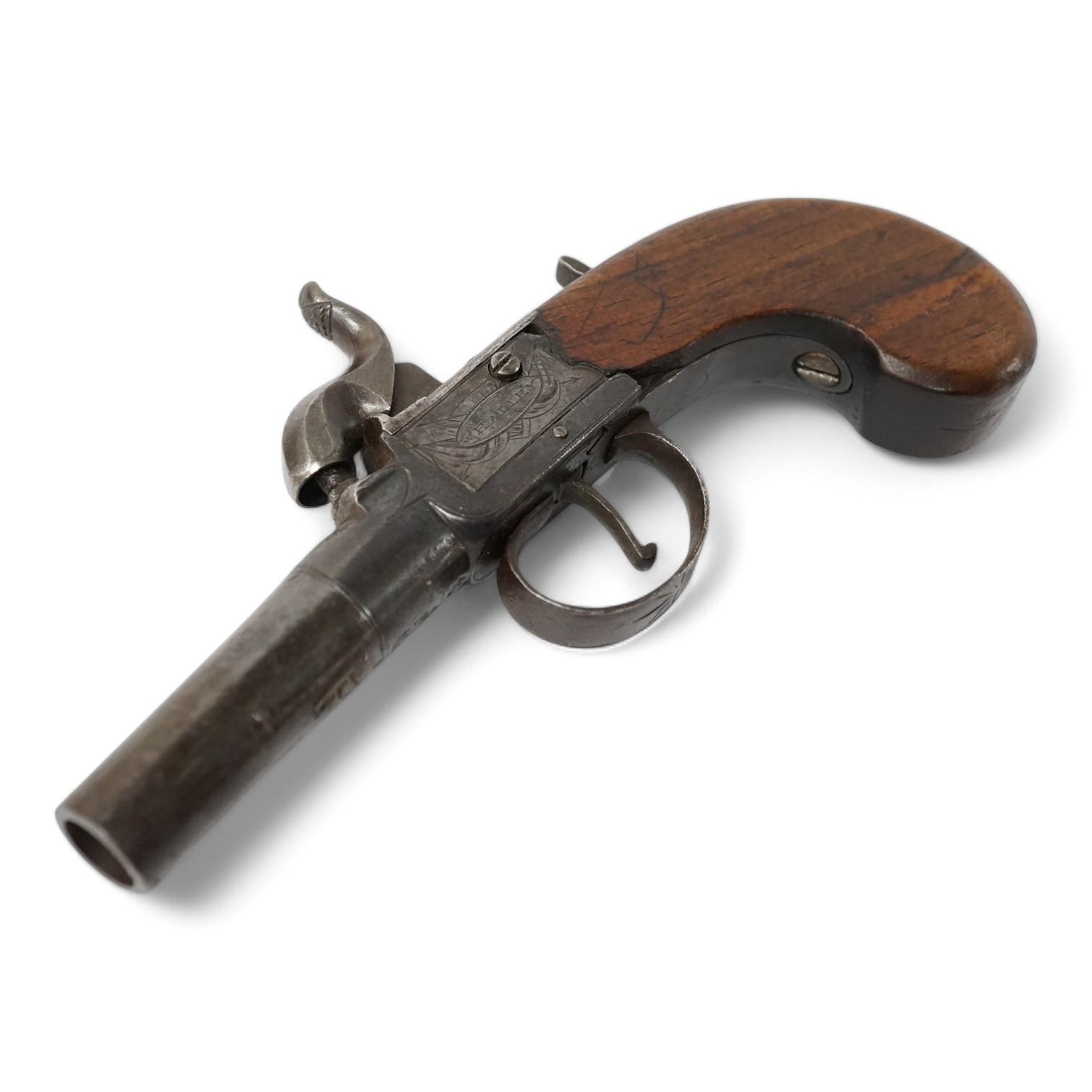 A boxlock percussion pocket pistol, London proved, with turn off barrel, frame signed Whalley within oval upon flag trophy, sliding top thumb safety, slab walnut grip. Condition - fair to good.
